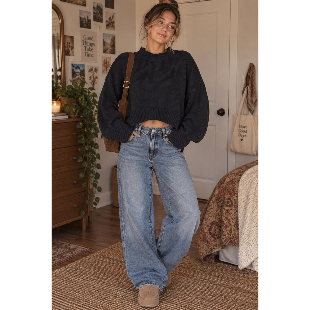 553. Free People Womens Black Ribbed Mock Neck Cropped Boxy Knit Sweater Size S